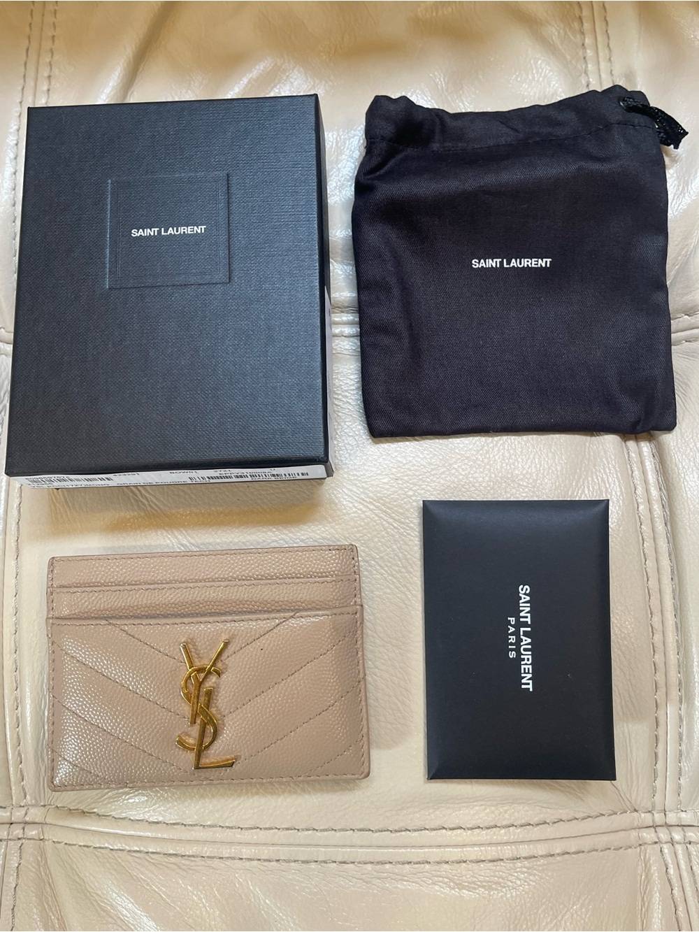 Saint Laurent Monogram Quilted Cardholder in Dark Beige